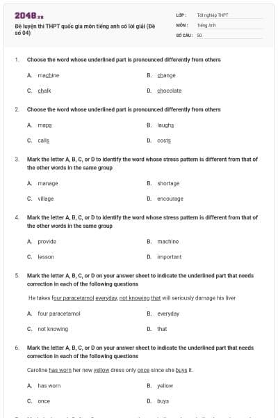 Đề luyện thi THPT quốc gia môn tiếng anh có lời giải (Đề số 04)