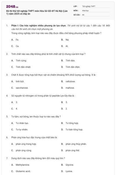 Đề thi thử tốt nghiệp THPT môn Hóa Sở GD-ĐT Hà Nội (Lần 1) năm 2025 có đáp án