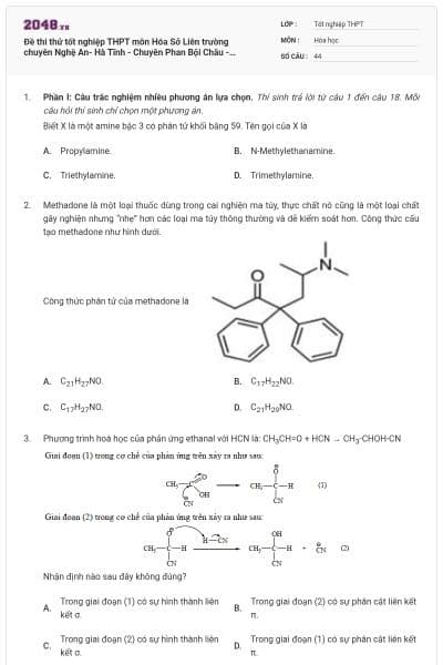 Đề thi thử tốt nghiệp THPT môn Hóa Sở Liên trường chuyên Nghệ An- Hà Tĩnh - Chuyên Phan Bội Châu - Chuyên Hà Tĩnh năm 2025 có đáp án