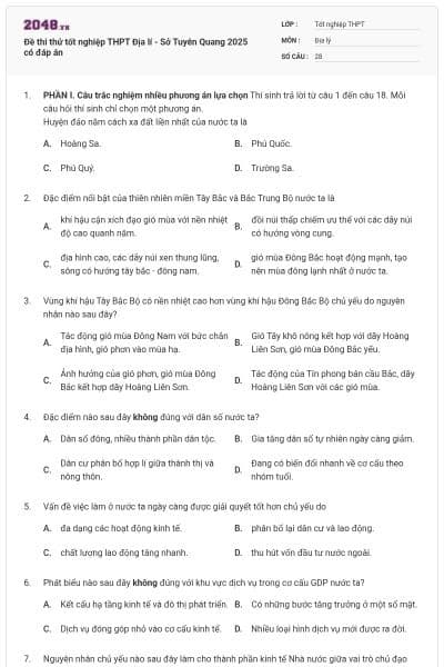 Đề thi thử tốt nghiệp THPT Địa lí - Sở Tuyên Quang 2025 có đáp án