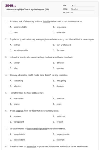 100 câu trắc nghiệm Từ trái nghĩa nâng cao (P2)