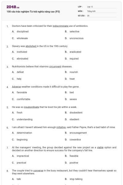 100 câu trắc nghiệm Từ trái nghĩa nâng cao (P3)