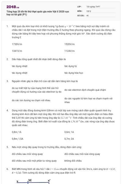 Tổng hợp 20 đề thi thử thpt quốc gia môn Vật lí 2020 cực hay có lời giải (P1)