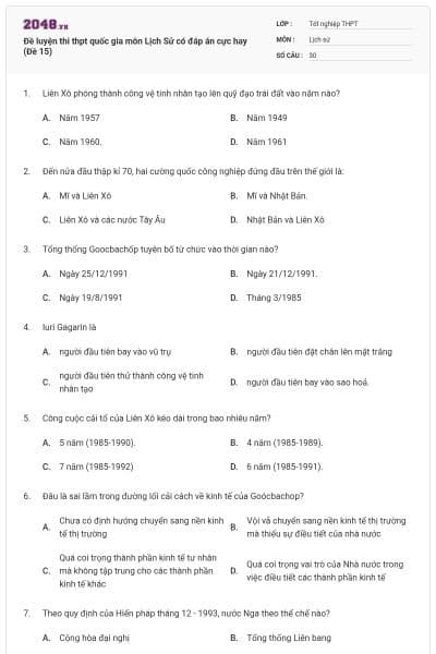Đề luyện thi thpt quốc gia môn Lịch Sử có đáp án cực hay (Đề 15)