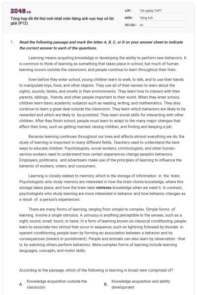 Tổng hợp đề thi thử mới nhất môn tiếng anh cực hay có lời giải (P12)