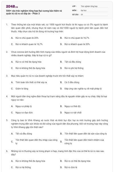 500+ câu trắc nghiệm tổng hợp Đại cương bảo hiểm và quản trị rủi ro có đáp án - Phần 3