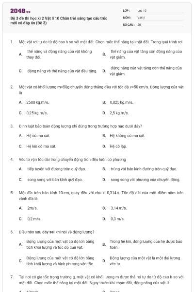 Bộ 3 đề thi học kì 2 Vật lí 10 Chân trời sáng tạo cấu trúc mới có đáp án (Đề 3)