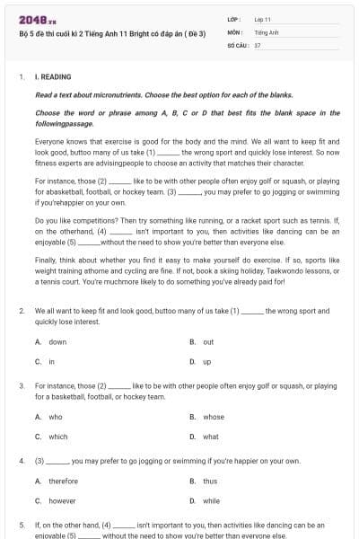 Bộ 5 đề thi cuối kì 2 Tiếng Anh 11 Bright có đáp án ( Đề 3)