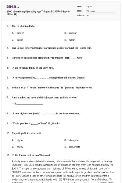 2000 câu trắc nghiệm tổng hợp Tiếng Anh 2025 có đáp án (Phần 19)