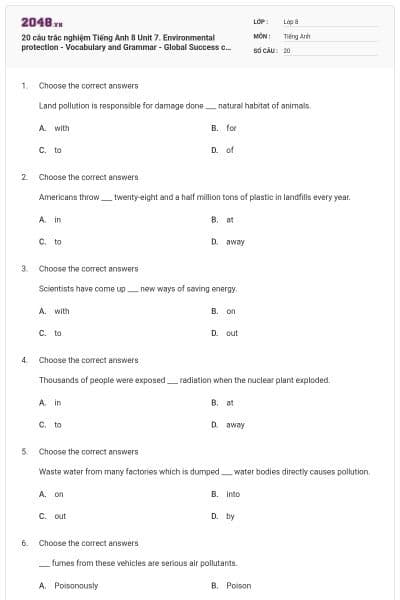 20 câu trắc nghiệm Tiếng Anh 8 Unit 7. Environmental protection - Vocabulary and Grammar - Global Success có đáp án