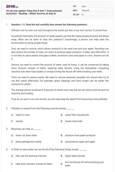 20 câu trắc nghiệm Tiếng Anh 8 Unit 7. Environmental protection - Reading - Global Success có đáp án