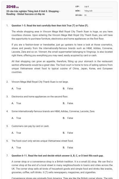 20 câu trắc nghiệm Tiếng Anh 8 Unit 8. Shopping - Reading - Global Success có đáp án