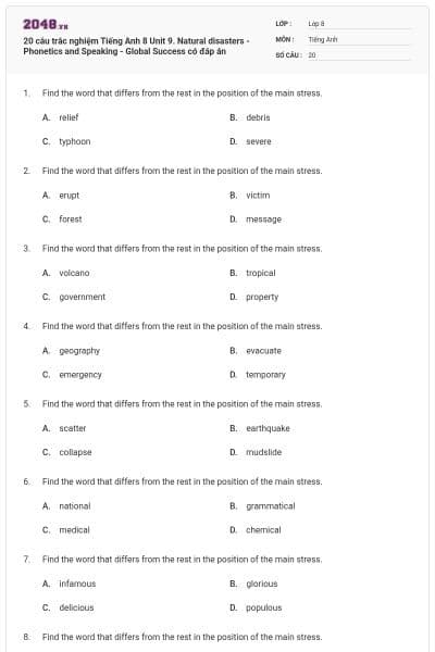 20 câu trắc nghiệm Tiếng Anh 8 Unit 9. Natural disasters - Phonetics and Speaking - Global Success có đáp án