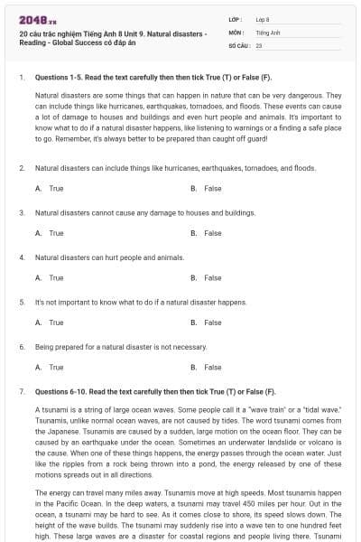 20 câu trắc nghiệm Tiếng Anh 8 Unit 9. Natural disasters - Reading - Global Success có đáp án
