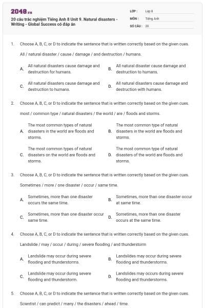 20 câu trắc nghiệm Tiếng Anh 8 Unit 9. Natural disasters - Writing - Global Success có đáp án