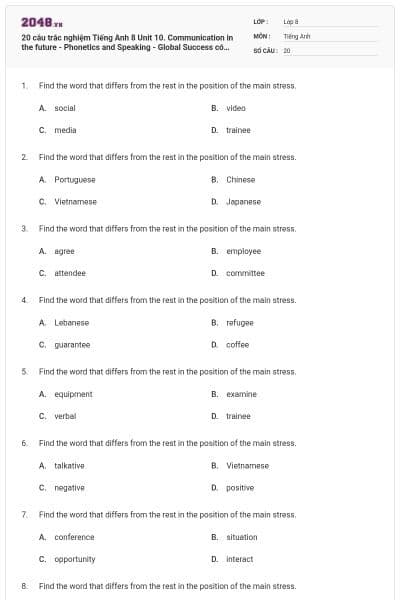 20 câu trắc nghiệm Tiếng Anh 8 Unit 10. Communication in the future - Phonetics and Speaking - Global Success có đáp án