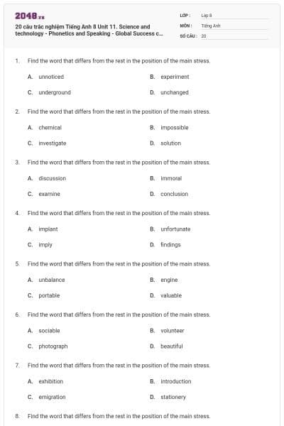 20 câu trắc nghiệm Tiếng Anh 8 Unit 11. Science and technology - Phonetics and Speaking - Global Success có đáp án