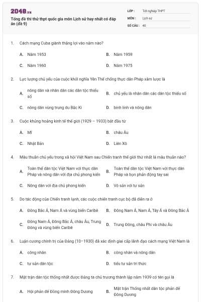 Tổng đề thi thử thpt quốc gia môn Lịch sử hay nhất có đáp án (đề 9)