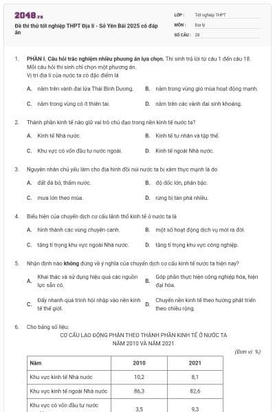 Đề thi thử tốt nghiệp THPT Địa lí - Sở Yên Bái 2025 có đáp án