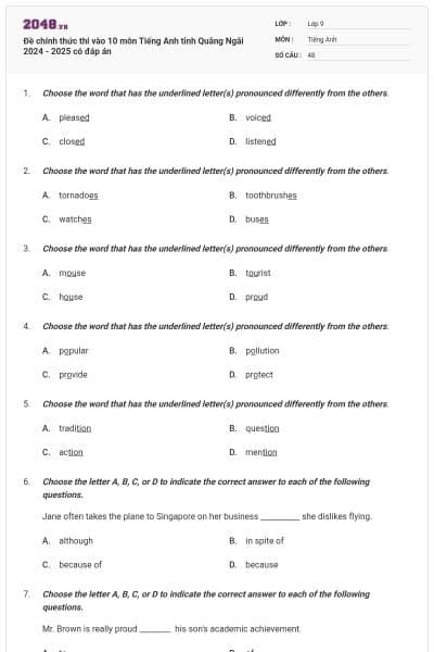 Đề chính thức thi vào 10 môn Tiếng Anh tỉnh Quãng Ngãi 2024 - 2025 có đáp án