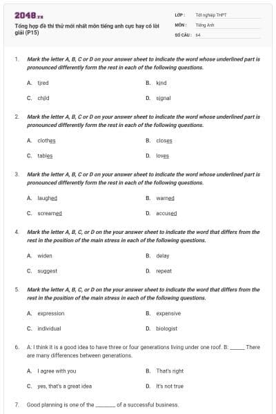 Tổng hợp đề thi thử mới nhất môn tiếng anh cực hay có lời giải (P15)