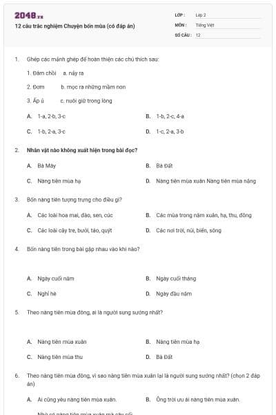 12 câu trắc nghiệm Chuyện bốn mùa (có đáp án)