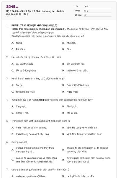 Bộ 5 đề thi cuối kì 2 Địa lí 8 Chân trời sáng tạo cấu trúc mới có đáp án - Đề 3