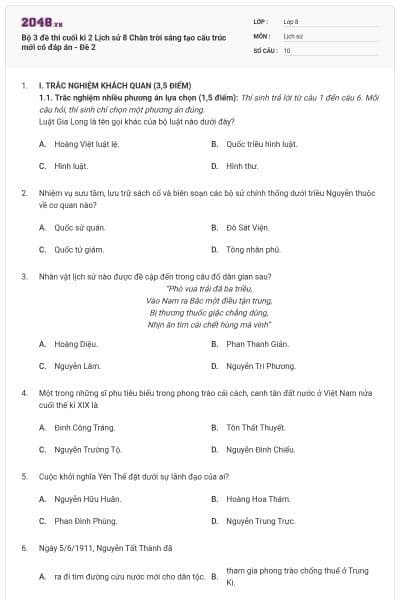 Bộ 3 đề thi cuối kì 2 Lịch sử 8 Chân trời sáng tạo cấu trúc mới có đáp án - Đề 2