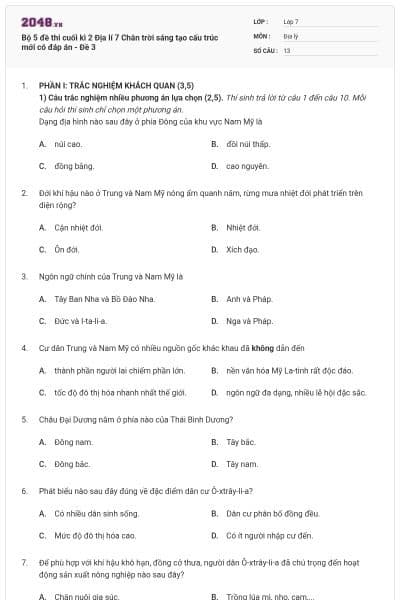 Bộ 5 đề thi cuối kì 2 Địa lí 7 Chân trời sáng tạo cấu trúc mới có đáp án - Đề 3
