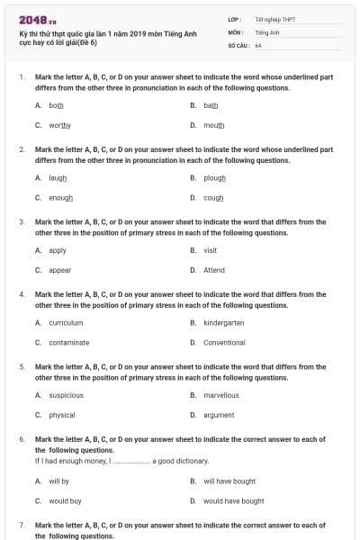 Kỳ thi thử thpt quốc gia lần 1 năm 2019 môn Tiếng Anh cực hay có lời giải(Đề 6)