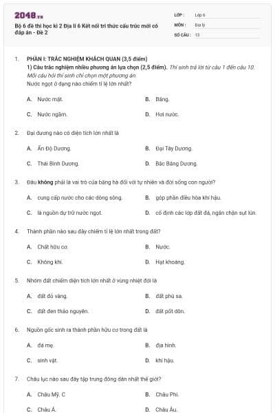 Bộ 6 đề thi học kì 2 Địa lí 6 Kết nối tri thức cấu trúc mới có đáp án - Đề 2