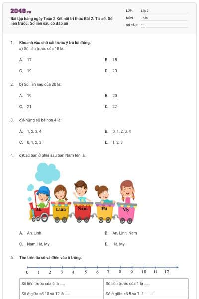Bài tập hàng ngày Toán 2 Kết nối tri thức Bài 2: Tia số. Số liền trước. Số liền sau có đáp án