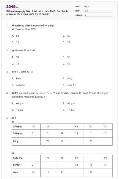 Bài tập hàng ngày Toán 2 Kết nối tri thức Bài 3: Các thành phần của phép cộng, phép trừ có đáp án