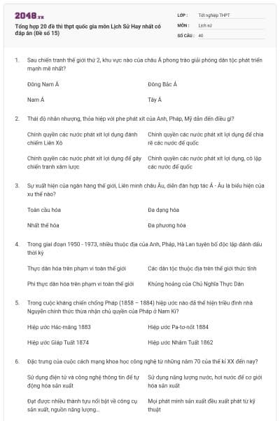 Tổng hợp 20 đề thi thpt quốc gia môn Lịch Sử Hay nhất có đáp án (Đề số 15)