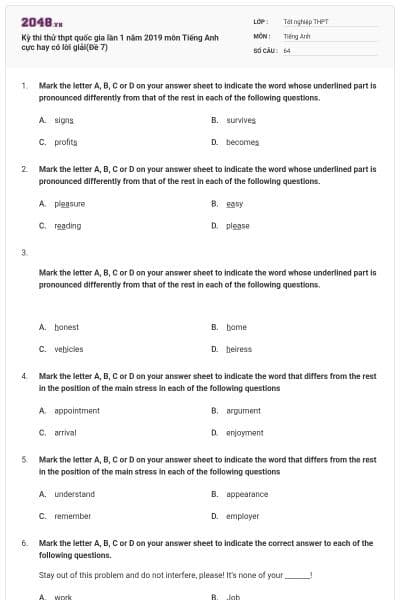 Kỳ thi thử thpt quốc gia lần 1 năm 2019 môn Tiếng Anh cực hay có lời giải(Đề 7)