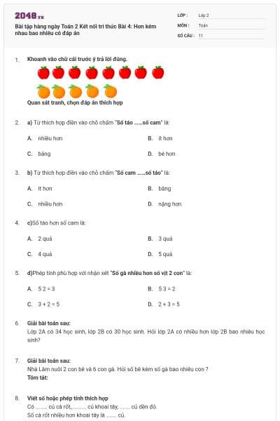 Bài tập hàng ngày Toán 2 Kết nối tri thức Bài 4: Hơn kém nhau bao nhiêu có đáp án