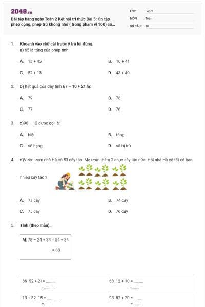 Bài tập hàng ngày Toán 2 Kết nối tri thức Bài 5: Ôn tập phép cộng, phép trừ không nhớ ( trong phạm vi 100) có đáp án