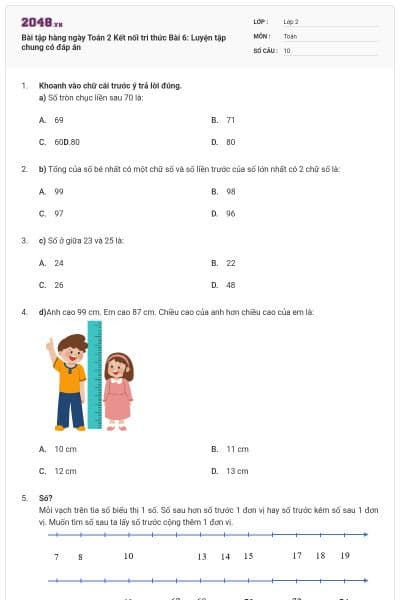 Bài tập hàng ngày Toán 2 Kết nối tri thức Bài 6: Luyện tập chung có đáp án