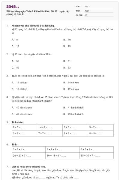 Bài tập hàng ngày Toán 2 Kết nối tri thức Bài 10: Luyện tập chung có đáp án