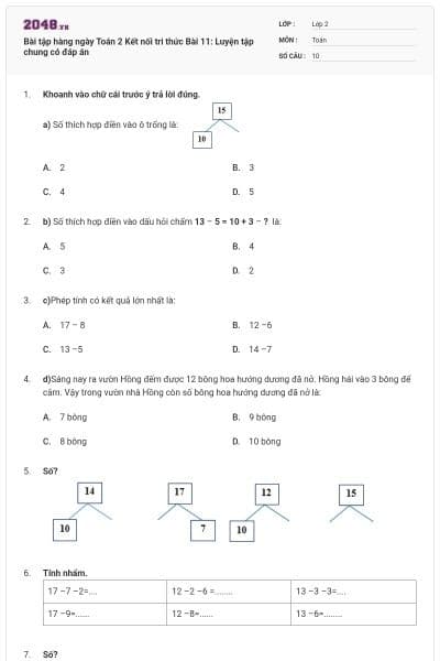Bài tập hàng ngày Toán 2 Kết nối tri thức Bài 11: Luyện tập chung có đáp án