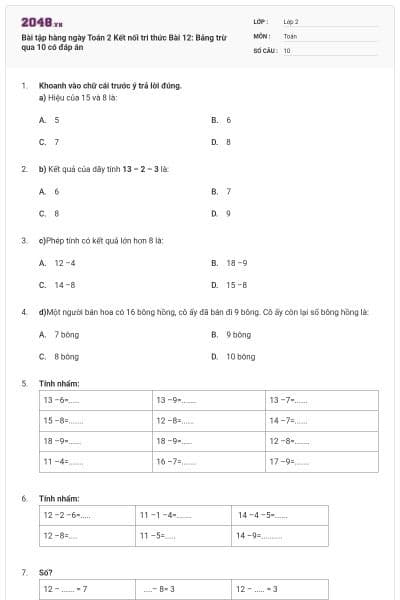 Bài tập hàng ngày Toán 2 Kết nối tri thức Bài 12: Bảng trừ qua 10 có đáp án