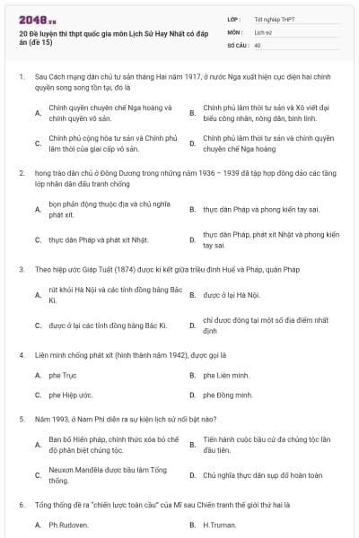 20 Đề luyện thi thpt quốc gia môn Lịch Sử Hay Nhất có đáp án (đề 15)