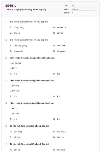 10 câu trắc nghiệm Viết trang 13 (có đáp án)