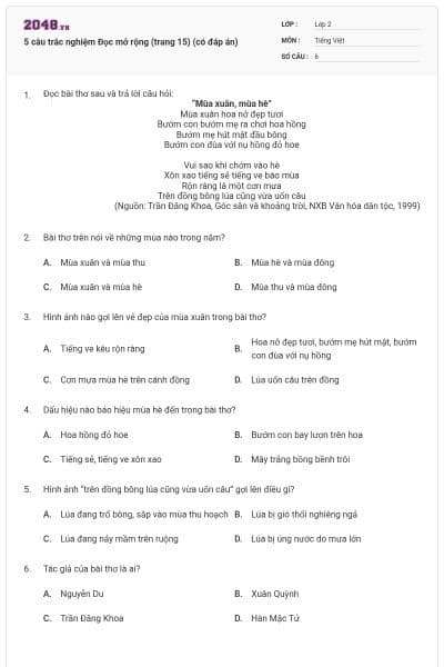 5 câu trắc nghiệm Đọc mở rộng (trang 15) (có đáp án)