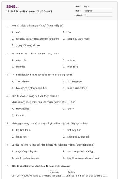 12 câu trắc nghiệm Họa mi hót (có đáp án)