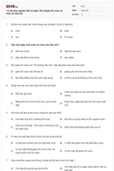 14 câu trắc nghiệm Nói và nghe: Kể chuyện Hồ nước và mây (có đáp án)