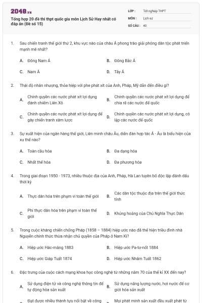 Tổng hợp 20 đề thi thpt quốc gia môn Lịch Sử Hay nhất có đáp án (Đề số 15)