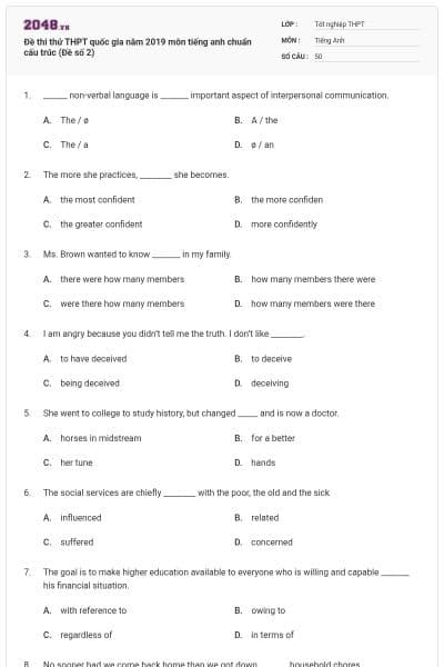 Đề thi thử THPT quốc gia năm 2019 môn tiếng anh chuẩn cấu trúc (Đề số 2)