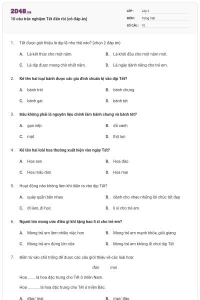 10 câu trắc nghiệm Tết đến rồi (có đáp án)