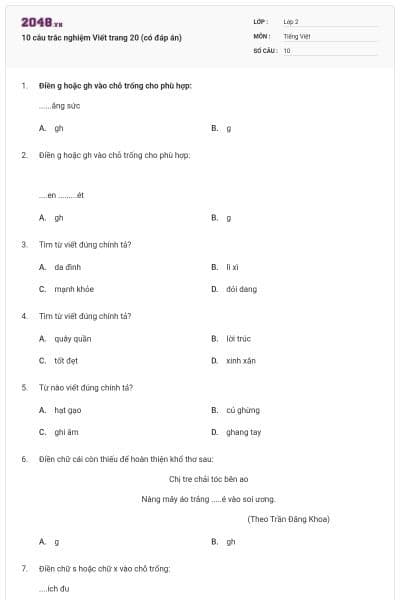 10 câu trắc nghiệm Viết trang 20 (có đáp án)